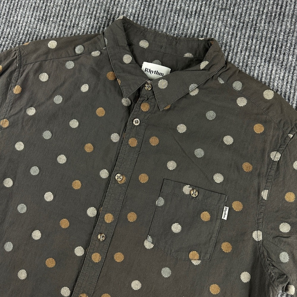 Rhythm Mens XXL Slim Fit Short Sleeve Button Down Shirt Charcoal Grey Polka Dot